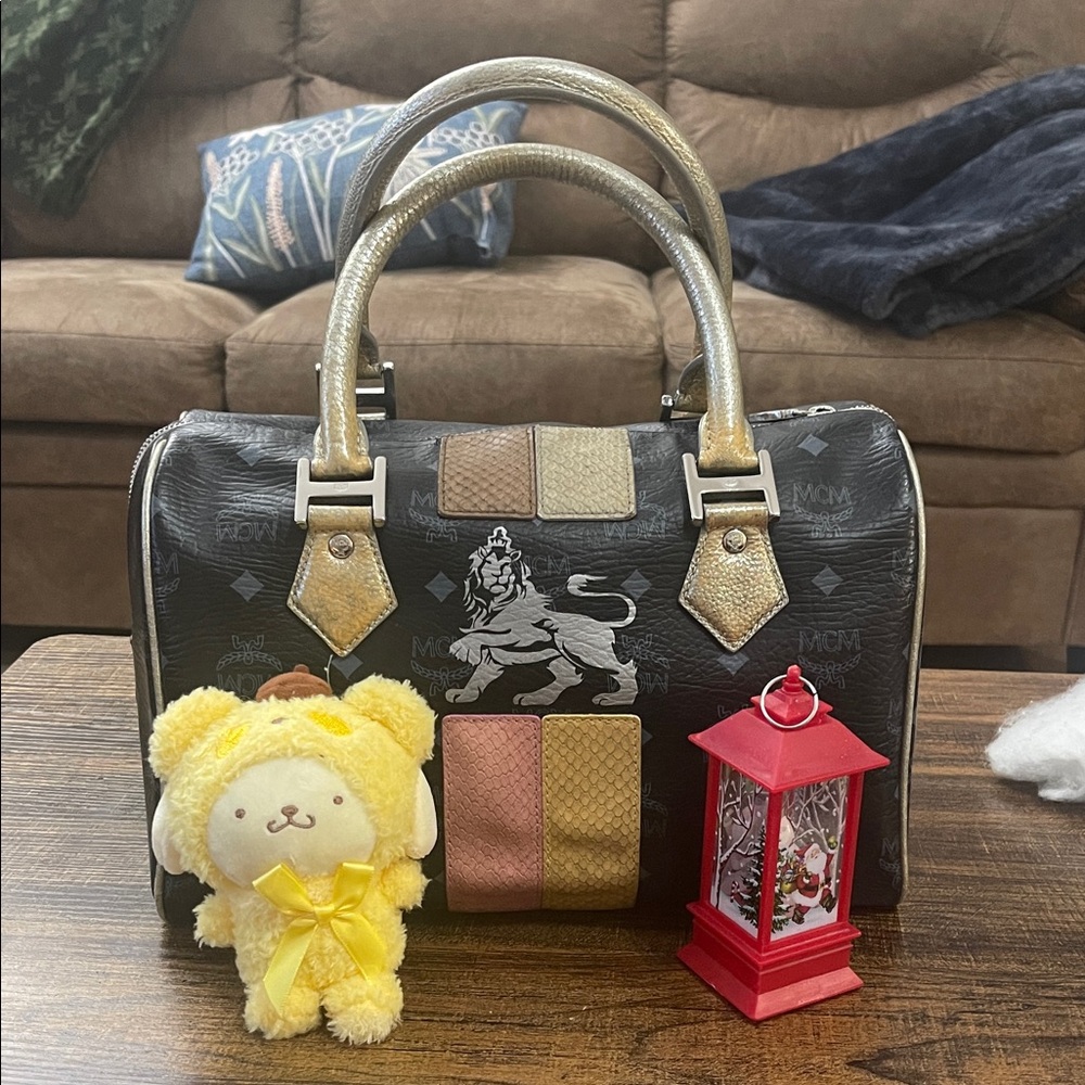 MCM Limited Edition Princess Lion Boston Bag in Black and Gold